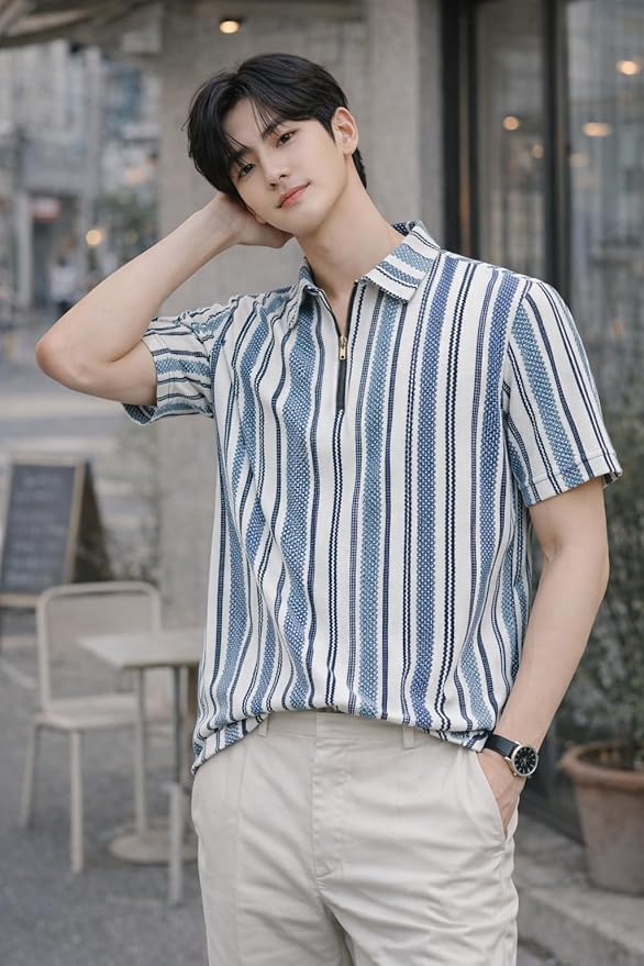 London Hills Men’s Loose Fit Half Sleeve Vertical Striped Polo T-Shirt