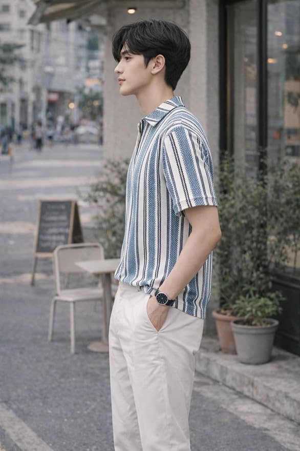 London Hills Men’s Loose Fit Half Sleeve Vertical Striped Polo T-Shirt - Image 5